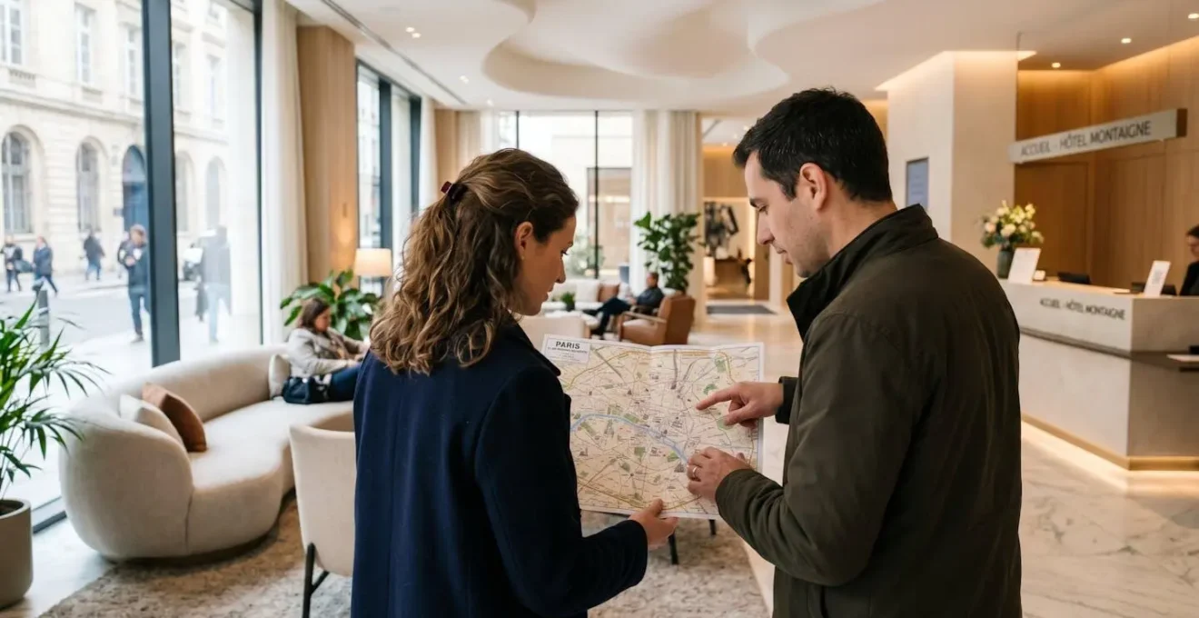 Un couple vu de dos consulte une carte de Paris dans le lobby feutré d'un hôtel parisien élégant, lumière naturelle douce