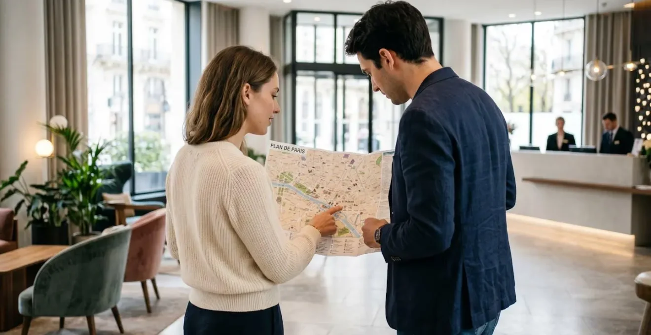 Un couple vu de dos consulte une carte de Paris dans le lobby feutré d'un hôtel parisien élégant, lumière naturelle douce