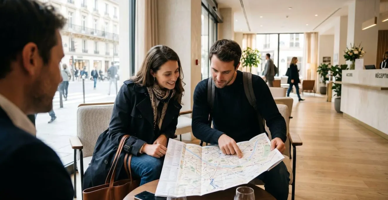 Un couple vu de dos consulte une carte de Paris dans le lobby feutré d'un hôtel parisien élégant, lumière naturelle douce