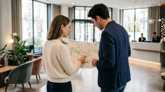 Un couple vu de dos consulte une carte de Paris dans le lobby feutré d'un hôtel parisien élégant, lumière naturelle douce
