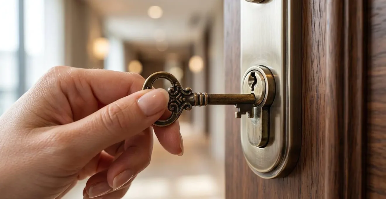 Gros plan sur une main tournant une clé vintage dans la serrure élégante d'une porte d'hôtel, texture bois noble, arrière-plan flouté