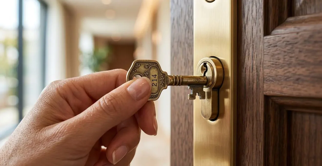 Gros plan sur une main tournant une clé vintage dans la serrure élégante d'une porte d'hôtel, texture bois noble, arrière-plan flouté