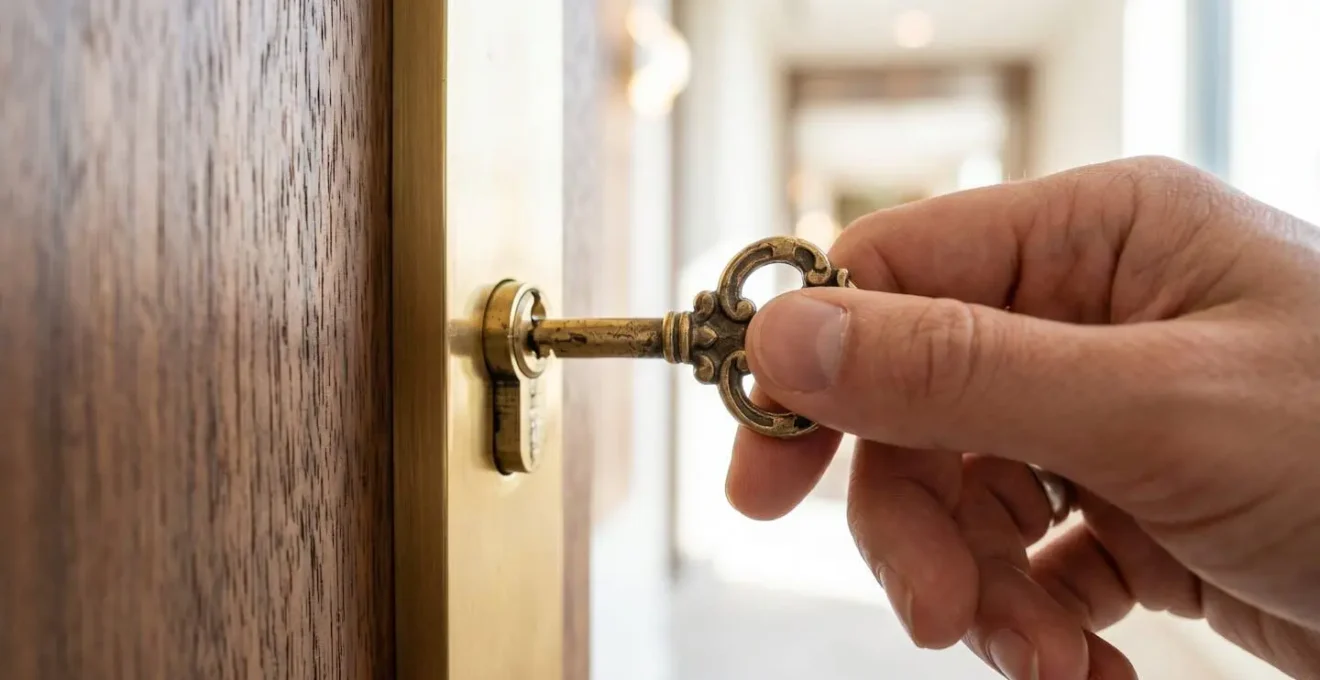 Gros plan sur une main tournant une clé vintage dans la serrure élégante d'une porte d'hôtel, texture bois noble, arrière-plan flouté