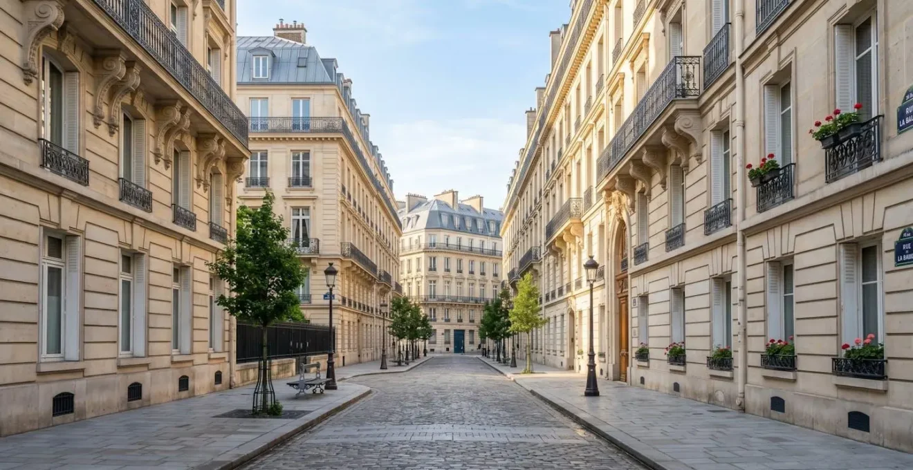 Rue parisienne secondaire tranquille dans le 8ème arrondissement, façades haussmanniennes élégantes, perspective vide sous lumière matinale douce