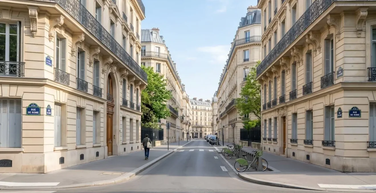 Rue parisienne secondaire tranquille dans le 8ème arrondissement, façades haussmanniennes élégantes, perspective vide sous lumière matinale douce